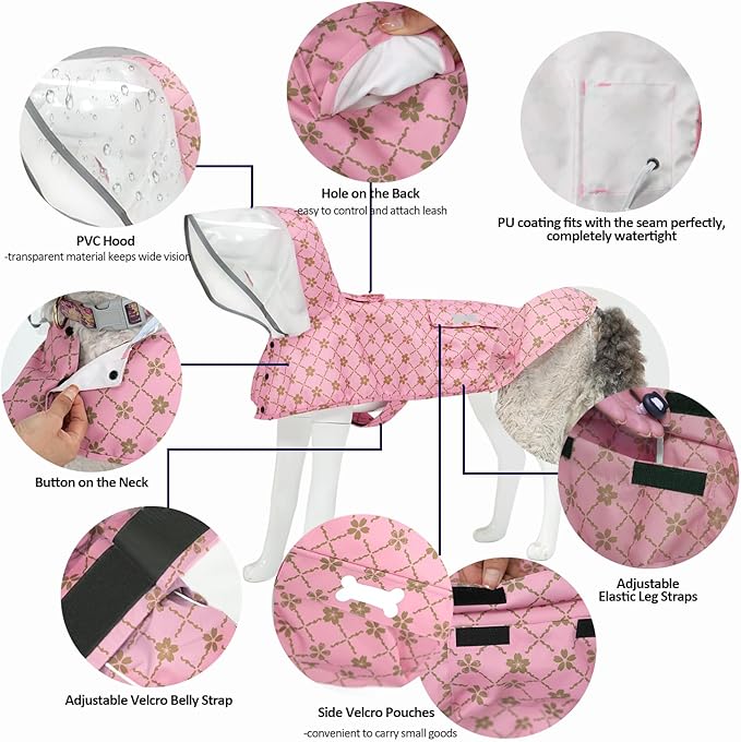 Waterproof Dog Raincoat, Adjustable Reflective Lightweight Pet Rain Clothes with Poncho Hood (Gold Cheery Blossoms Pink, X-Large)