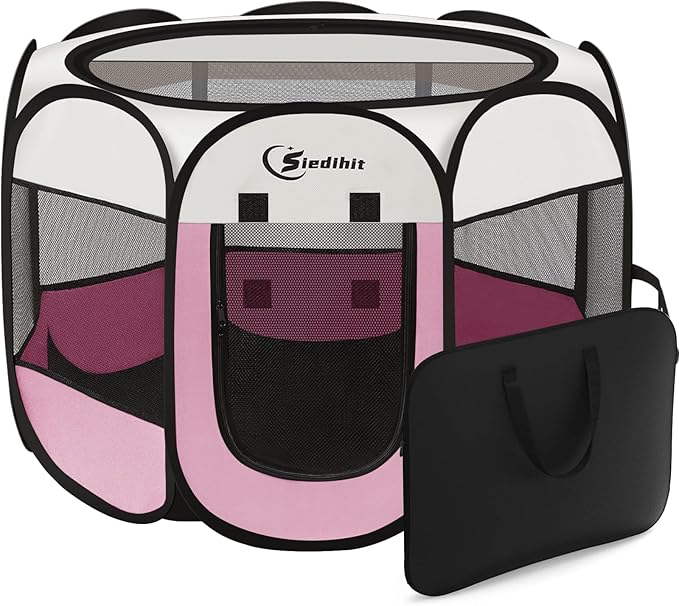 Pink Dog Cat Playpen, Puppy Pet Playpen Indoor for Small Dog Crate Tent Cage Outdoor, Portable Pop Up Dogs Enclosure Kennel with Carrying Case for Dogs/Cats/Rabbits