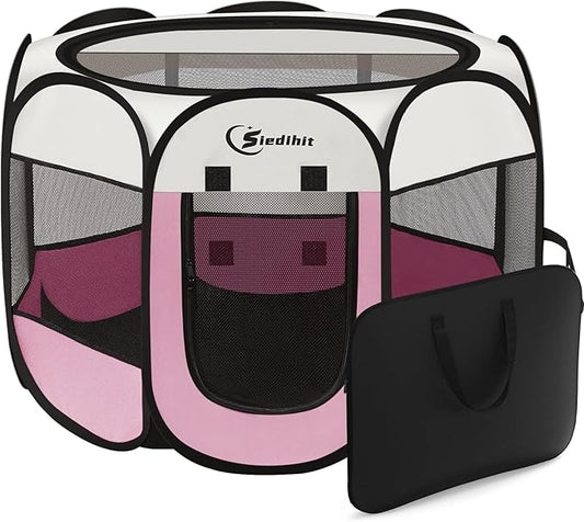 Pink Dog Cat Playpen, Puppy Pet Playpen Indoor for Small Dog Crate Tent Cage Outdoor, Portable Pop Up Dogs Enclosure Kennel with Carrying Case for Dogs/Cats/Rabbits
