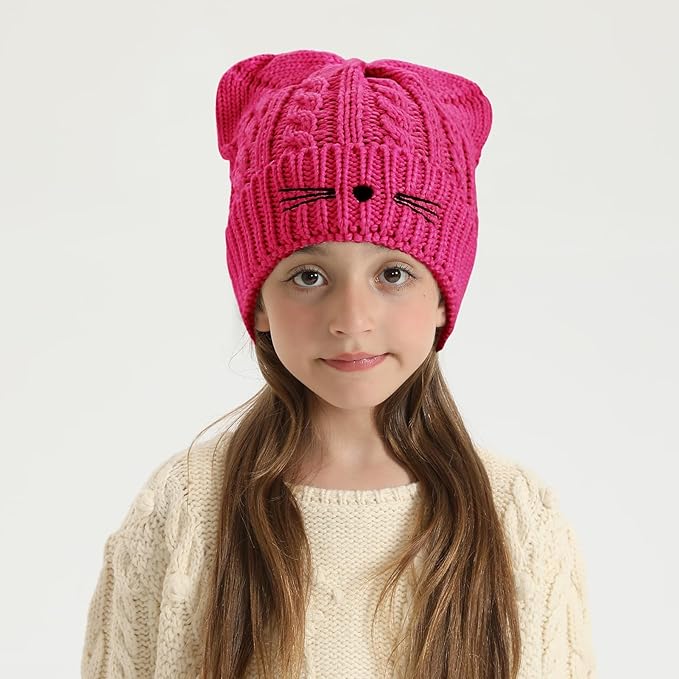 Kids Girls Cat Ear Hat Winter Warm Knit Beanie Cute Ski Skull Cap for Ages 7-12