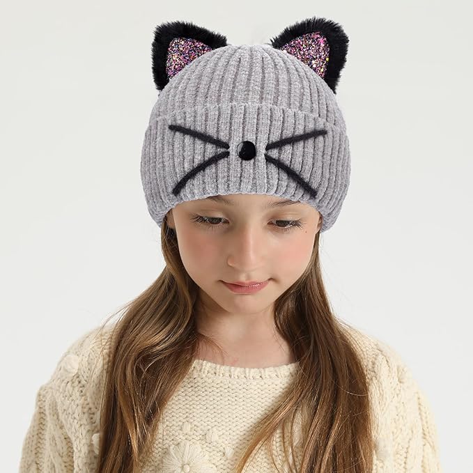 Kids Girls Cat Ear Hat Winter Warm Knit Beanie Cute Ski Skull Cap for Ages 7-12