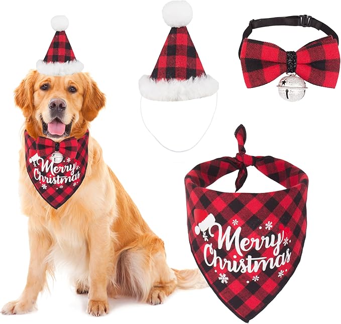 ADOGGYGO Christmas Dog Bandana Hat Bowtie, Red Plaid Pet Christma Hat Scarf Xmas Outfit Costume Accessories for Large X-Large Dogs (X-Large)