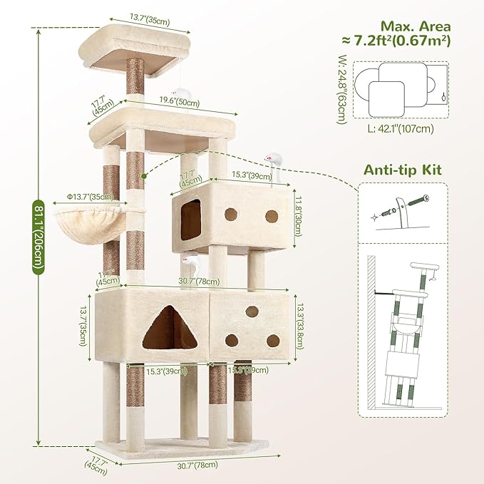 Globlazer Extra Large Cat Tower, 81-inch Tall Cat Tree for Big Cats 20 lbs, XXL Heavy Duty Cat Scratching Tower for Indoor Adult Cats with 3 Cat Condos, 8 Scratching Posts, F81, Beige