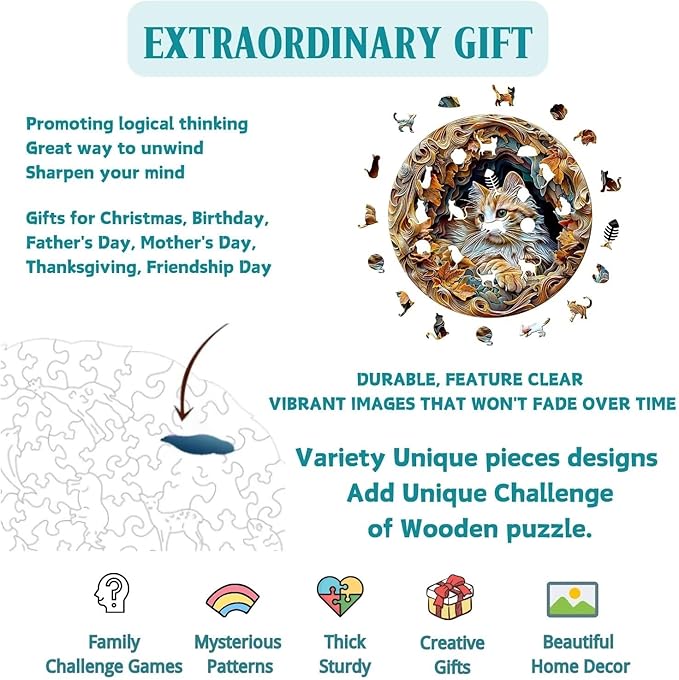 Wooden Puzzles Adults, 3D Cat Wooden Puzzles 300 Pieces, Unique Animal Shaped Wood Challenging Jigsaw Puzzles Gifts for Adults, 13.4x13.3in