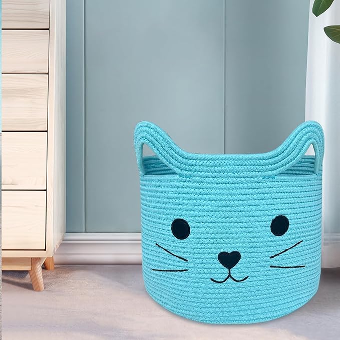VK VK·LIVING Large Cat Toy Basket with Handles 15"Lx14"H Cotton Rope Toy Box with Cat Design, Cute Animal Basket for Laundry, Baby, Towels, Blankets, Woven Cotton Rope Storage Organizer Blue