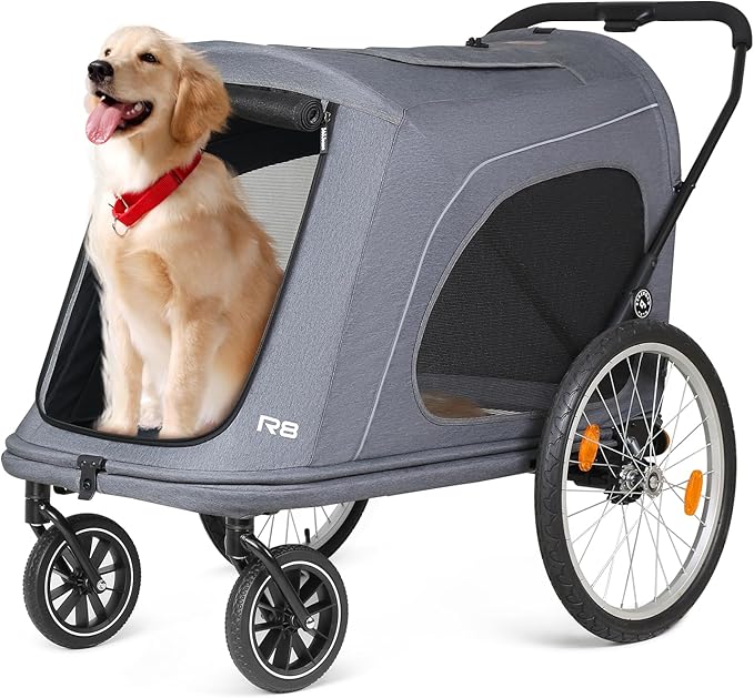 R8 Pro Extra Large Foldable Pet Stroller, Dog Stroller & Pet Trailer for Large Dogs Under 100 lbs, Unmovable, Disabled & Pregnant Dogs - Conveniently Carriable by Bike and Car, Grey
