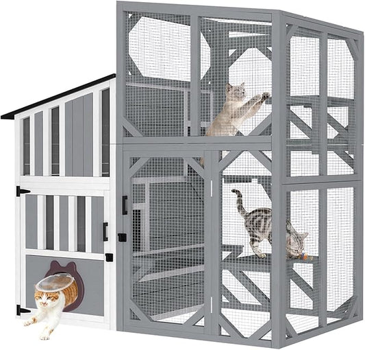 3 Tiers Catio 69" H Large Cat Enclosures House for Outdoor Indoor Feral Cats Shelter with Window Access, Adjustable Two-Way Access Hole, Weatherproof Roof, 3 Resting Rooms, 3 Platforms
