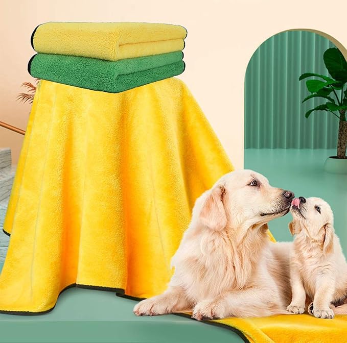 2 Pack Dog Towels Super Absorbent Pet Bath Towel Microfiber Dog Drying Towel for Small Dogs and Cats, Machine Washable, 11.8Inch x 23.6Inch, Yellow-Grey & Green-Grey