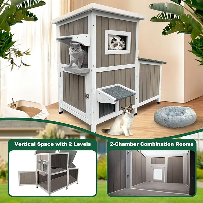 Outdoor Cat House Weatherproof, Two Story Wooden Feral Cat House Shelter with 3 Escape Door, Outside Cat Condo for Small Animals with Openable Asphalt Roof, Grey