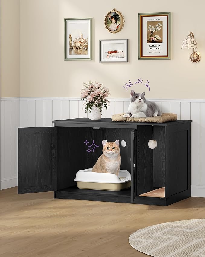 Cat Litter Box Enclosure, Hidden Litter Box Cabinet Furniture with Bell, Indoor Cats House, Farmhouse Style, 39.4 x 21.7X 24.8 Inches for Hallway, Bedroom, Black CB85204X