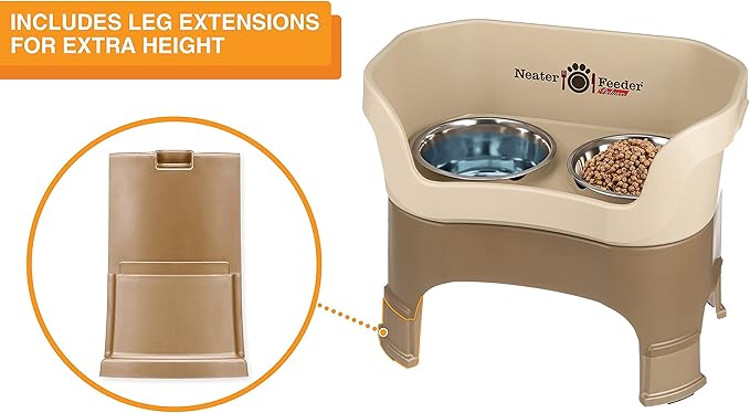 Neater Feeder Deluxe Mess Proof Dog Bowls Elevated for Large Dogs – Made in USA – No Spill Raised Dog Food Bowl Stand w/Leg Extensions – Stainless Steel Dog Food and Water Bowl Set – Cappuccino