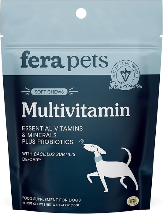 Fera Pets Dog Multivitamin Chews with Glucosamine and Probiotics - Essential Dog Vitamins & Minerals - Promotes Healthy Digestion & Joints - Boosts Skin & Coat Health with Omega-3s - 10 Soft Chews