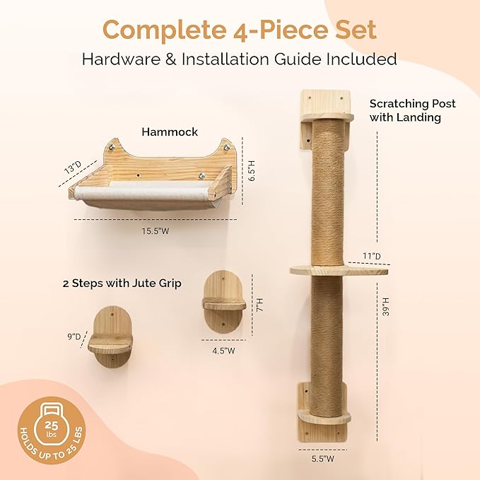 Space Saving Cat Wall Shelves, Window and Wall Mount 4-in-1 Cat Tree – Hammock, Cat Scratching Post, Two Steps with Grips – Natural Pine, Jute Rope – Beige