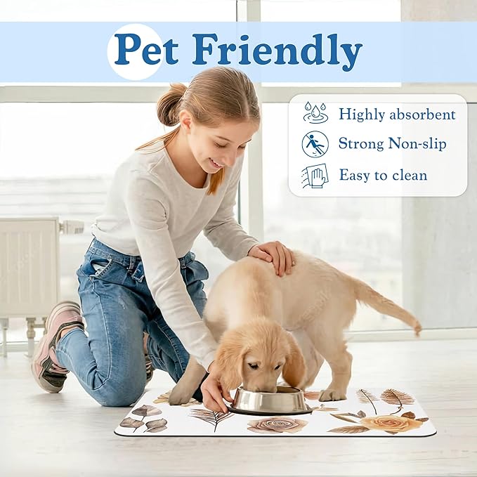 Floral Palm Leaves Dog Cat Food Mat–Absorbent Waterproof Placemat for Food and Water Bowls, Non Slip Rubber Backing, Feeding Mat for Clean Floors 12"x20"