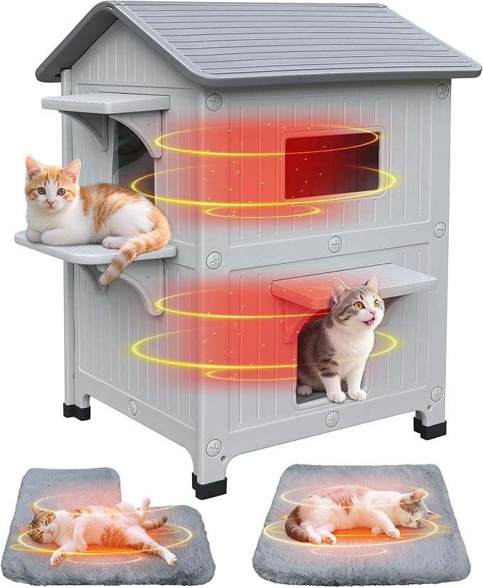 Plastic 2 Story Outdoor Cat House with Soft Mat,Insulated Cat House for Outdoor Cats with Escape Door, Waterproof Outside Cat Shelter, Clean and Assemble Easily