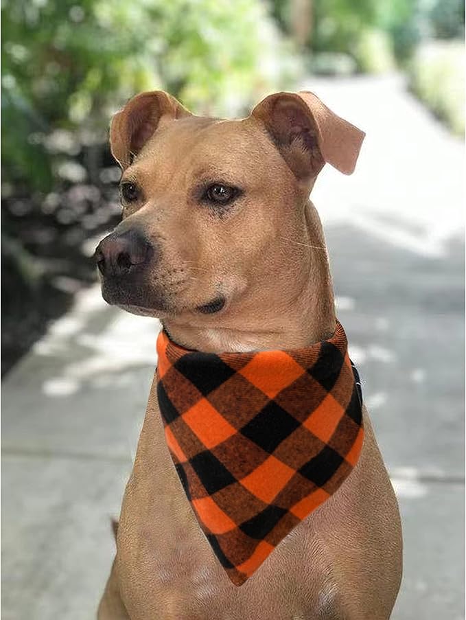 Realeaf Fall Thanksgiving Dog Bandanas 2 Pack, Orange Plaid Pet Scarf for Boy and Girl, Premium Durable Fabric, Holiday Halloween Bandana for Medium and Large Dogs (Large)