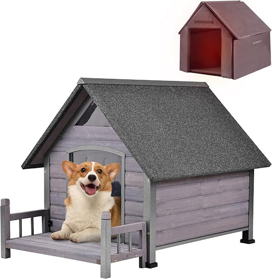 Dog House with Insulated Liner, Waterproof Dog Kennel for Small to Medium Size Dogs, Outdoor Doghouse 100% Insulated Puppy Shelter with Elevated Floor for Winter (Grey, Medium)