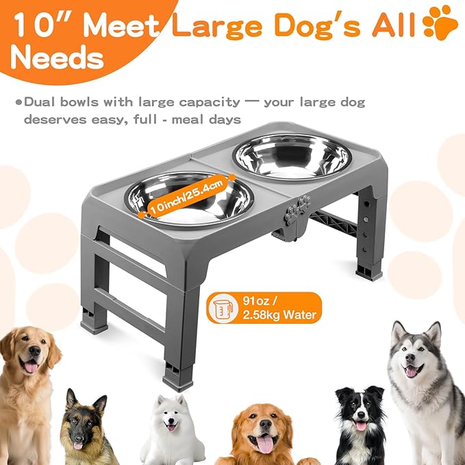 Elevated Dog Bowl Stand for Large Dogs - 2 Extra Large 10” Stainless Steel Bowls, 5 Adjustable Heights(7.5"-15.4"), Foldable Non-Slip & Durable, Portable Heavy Duty Travel Dog Feeder, Grey