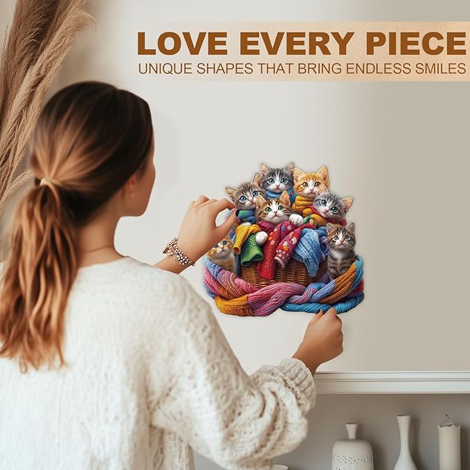 KAAYEE Wooden Puzzles for Adults, Colorful Fabric Cat 100 Piece Unique Animal Shape Puzzle, Cat Wood Puzzle for Adults, Creative Gifts for Friends/Family(8.5 * 8.1in)