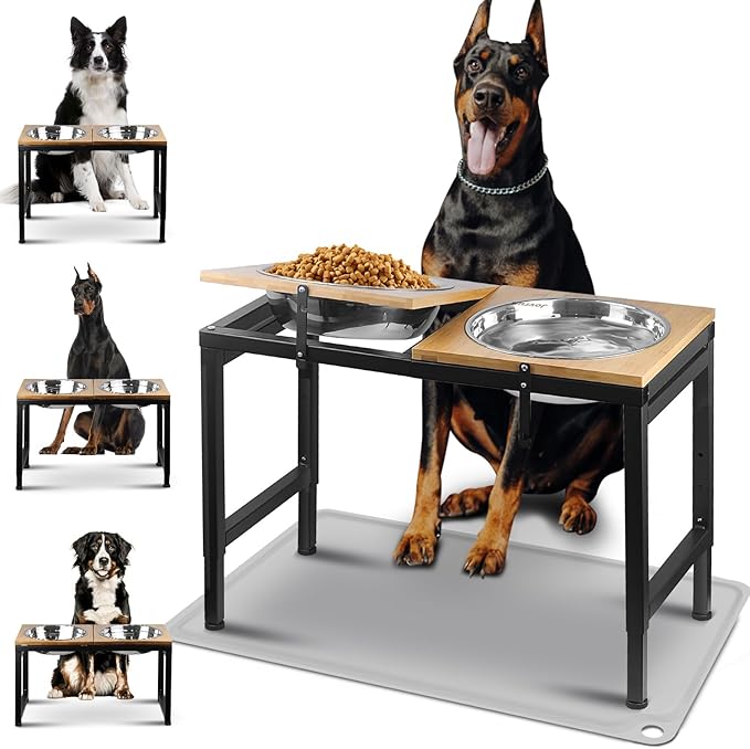 Elevated Dog Bowls Large Breed with Mat, 15"-20.5" H 4500ML Raised Dog Bowls for Large XL Dogs, Bamboo Bowl Elevated with Stainless Steel Bowl, Metal Stand Adjustable Dogs Feeder