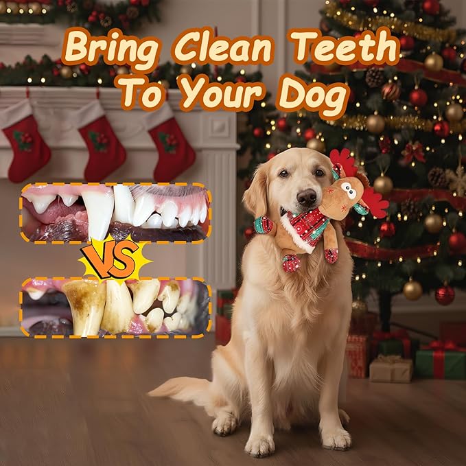 Rypet Christmas Reindeer Dog Toys Durable Plush Dog Toys with Crinkle Paper Interactive Dog Stuffed Squeaky Christmas Theme Toys for Puppy Small to Large Dogs Cleaning Teeth and Relieving Anxiety