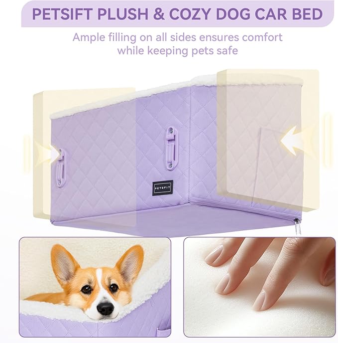 PETSFIT Dog Booster Car Seat, Soft Foam Cat Car Seat with Patented Safety Buckles, Storage Pockets and Detachable Clip-On Safety Leash, Dog Car Seats for Small Dogs Under 30 LBS (Purple)