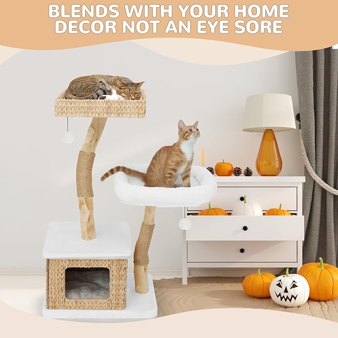 Modern Cat Tree Tower for Indoor Cats - Multi-Level Solid Wood Cat Condo w/Caves, 2 Large Perches, Scratching Posts, Hanging Toy for Large Cats Adult - Luxury Boho Pet Furniture