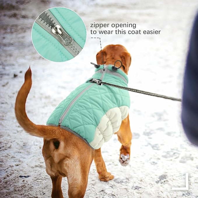 FUAMEY Dog Coat for Large Dogs,Waterproof Dog Winter Jacket with Harness Built in Puppy Cold Weather Coats Reflective Pet Vest with Zipper Warm Fleece Dogs Snowsuit Windproof Mint Green XL