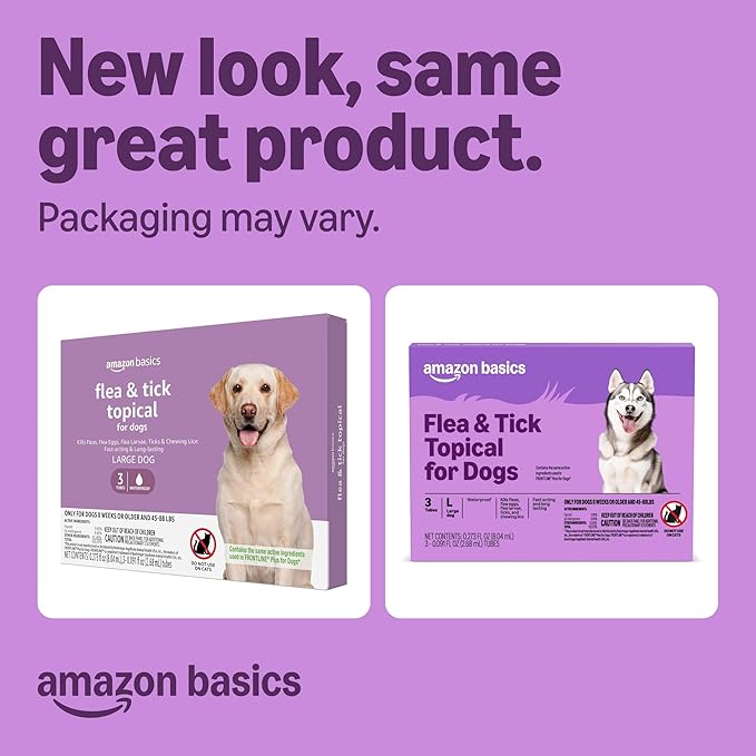 Amazon Basics Flea and Tick Topical Treatment for Large Dogs (45-88 pounds), Unscented, 3 Count, Packaging May Vary