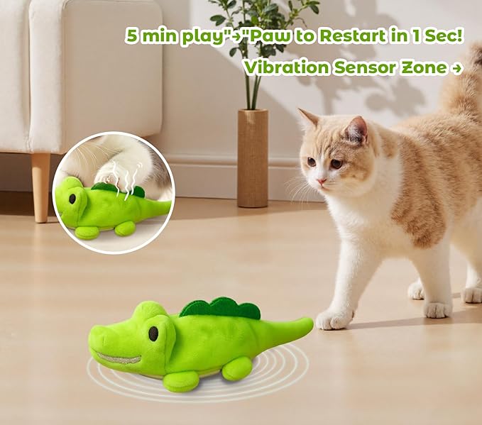 Interactive Cat Toys for Indoor Cats - Self-Charging Croc Chase Toy with 360° Motion, Wagging Tail & Catnip, Automatic Exercise Toy for Bored Kittens/Adults(Short Plush)