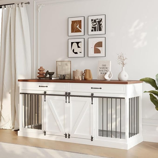 Furniture Style Dog Crate - Indoor Wooden Dog Kennel Furniture with 2 Sliding Barn Doors, 2 Drawers & Room Divider - 72" L x 23.6" W x 34" H - White