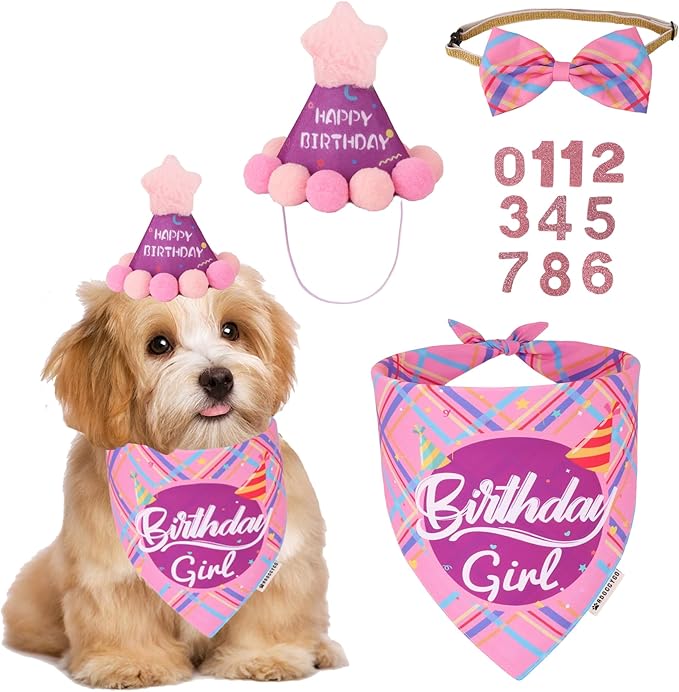 ADOGGYGO Dog Birthday Party Supplies, Pink Birthday Girl Pet Bandana Hat Bowtie Set for Small Dogs (Small)