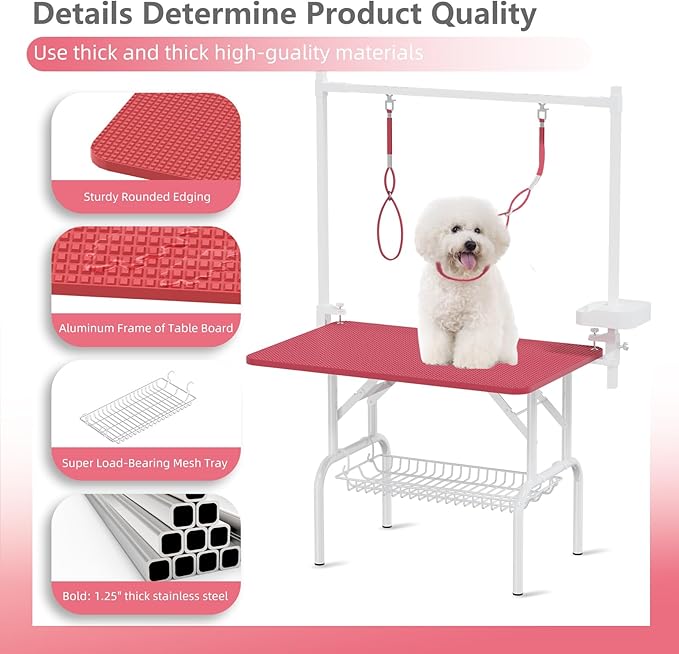 VFK 36''/47''Large Dog Grooming Table, Foldable Pet Station at Home, Dog Grooming Table,Adjustable Cat Drying Desktop with Arms, Nooses, Mesh Tray (Basic pet Table, 36" Pink)