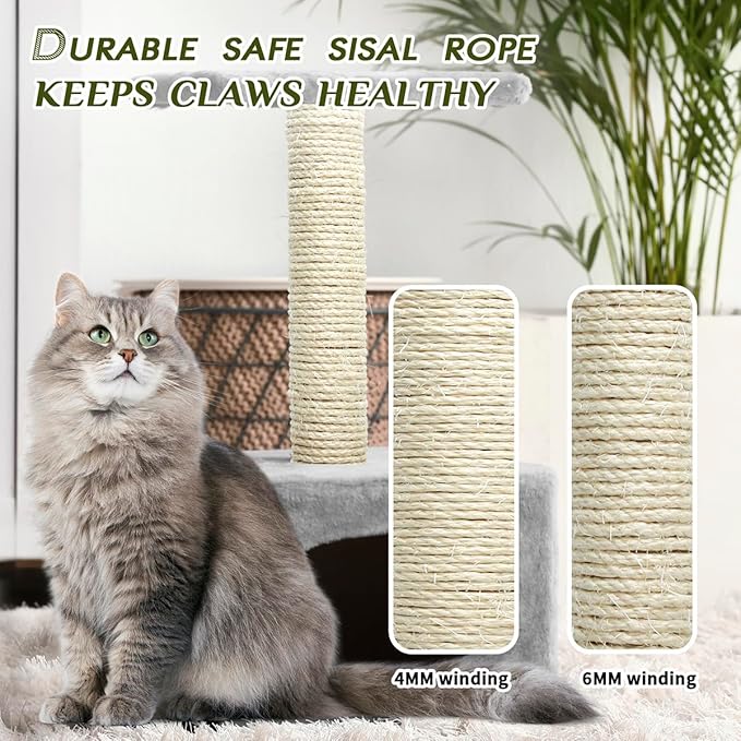 White Sisal Rope 1/4 Inch by 32-Feet for Cat Scratching Post Tree Tower Replacement Repair and Replace, DIY Hemp Twine Rope for Kittens Shelves Furniture Window Bed Perch House Climbing, 6mm by 10m