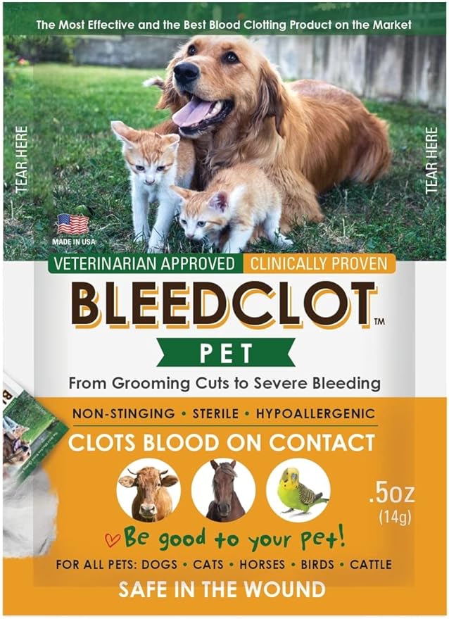 BleedClot Pet First Aid Blood Clotting Powder | The Best for All Animals to Stop Bleeding, Guaranteed | for Minor Cuts and Severe Arterial Bleeding | from The Makers of BleedStop (4 Pouches (0.5 oz))
