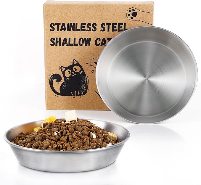 2-Pack Stainless Steel Cat Food Bowls – Deep Whisker-Friendly Non-Slip Silicone Base,Easy to Clean Indoor Feeding Dishes(5.9")