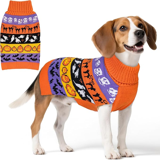 KYEESE Halloween Dog Sweater for Medium Sized Dogs Cute Pumpkin and Ghost Pattern Knitwear with Leash Hole Extra Warm and Soft Turtleneck Dog Apparel Cozy Holiday Pet Sweater, XX-Large
