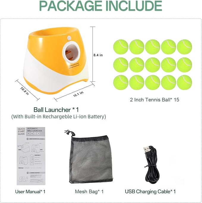 Automatic Dog Ball Launcher, Dog Ball Thrower with 15 Mini Tennis Balls Sizing 2 Inch and Mesh Bag, Interactive Dogs Toys Tennis Balls Launcher for Small Dogs with 3 Distance Settings