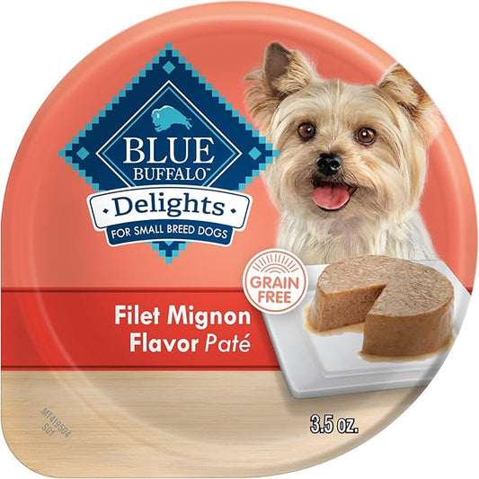 Blue Buffalo Delights Natural Adult Small Breed Wet Dog Food Cups, Pate Style, Filet Mignon Flavor in Savory Juice 3.5-oz (Pack of 12)