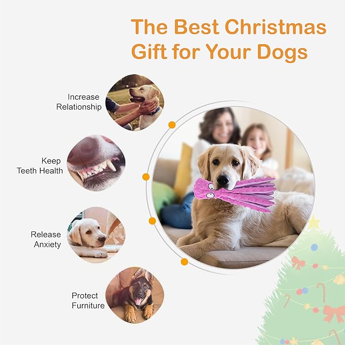 Dog Squeaky Toys Octopus - No Stuffing Crinkle Plush Dog Toys for Puppy Teething, Durable Interactive Dog Chew Toys for Small, Medium and Large Dogs Training and Reduce Boredom, 2 Pack