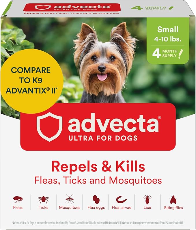 Advecta Ultra Flea and Tick Prevention for Dogs - Blue Flea and Tick Treatment & Control - Mosquito Repellent - Fast Acting Waterproof Topical Drops, 4 Month Supply
