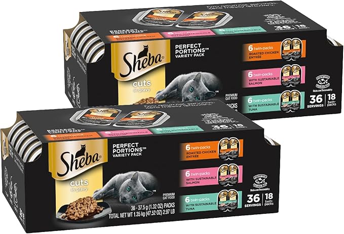 Sheba Perfect Portions Wet Cat Food Cuts in Gravy, Roasted Chicken Entree, with Sustainable Salmon, and with Sustainable Tuna, 2.6 oz. Twin-Pack Trays (18 Count, 36 Servings)