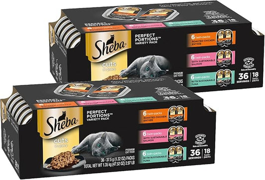 Sheba Perfect Portions Wet Cat Food Cuts in Gravy, Roasted Chicken Entree, with Sustainable Salmon, and with Sustainable Tuna, 2.6 oz. Twin-Pack Trays (18 Count, 36 Servings)