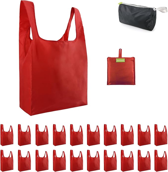 BeeGreen Christmas Red Reusable Shopping Bags Wholesale Reusable Grocery Bags Bulk with Elastic Band Foldable-Machine Washable with Zipper Storage Pouch 20 Pieces