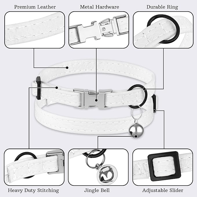 Leather Cat Collar with Buckle and Removable Bell - Non Breakaway Adjustable Soft Safety Small Pet Collars for Girl Boy Cats Kitten (White)