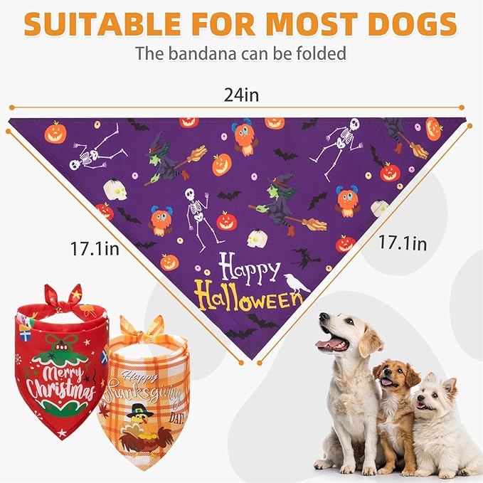 KOOLTAIL Halloween Dog Bandanas, 3 Pack Fall Holiday Thankgiving Christmas Washable Pet Bandanas Scarf Bibs Kerchief, Dog Apparel & Accessories for Girl Boy Small Medium Large Dogs Puppy Cats