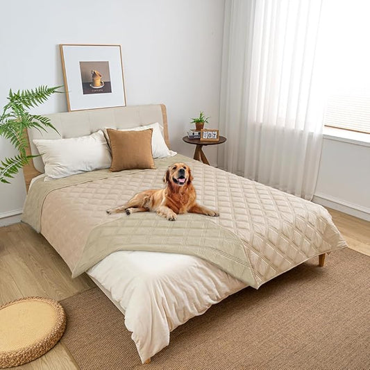 fuguitex Waterproof Dog Blanket Reversible for Small Dogs Resistant Leakproof Washable Couch Cushion Bed Protector Cover for Indoor Furniture Pet Friendly（52"*82",Beige+Khaki