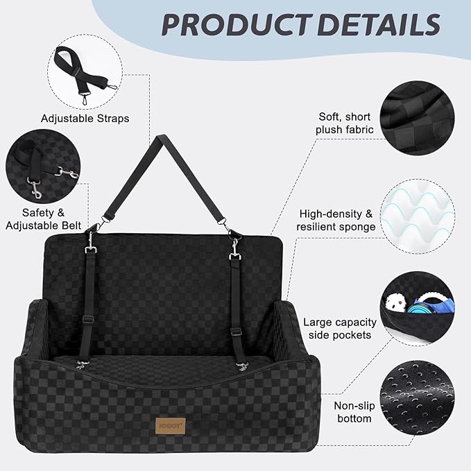 JOEJOY Dog Car Seat for Medium/Large Dogs - Reversible Dual-Sided Travel Dog Car Bed with Memory Foam, Washable Pet Booster Seat for Dogs up to 55 lbs or 2 Small Dogs, 2 Safety Leashes, Black
