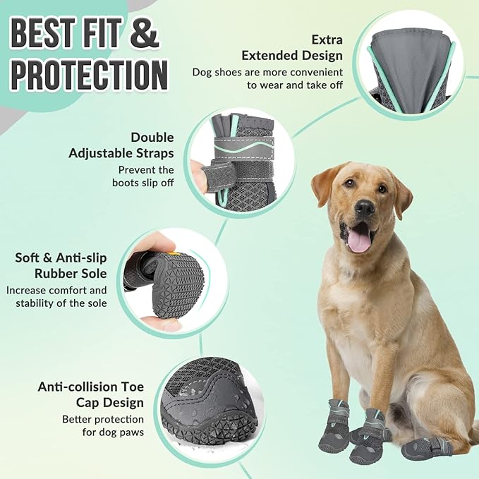 SlowTon Dog Shoes for Large Small Medium Dogs - Breathable Dog Boots for Summer Hot Pavement, Paw Protector for Outdoor Walking Winter Snow, Anti-Slip Rubber Dog Booties for Hardwood Floor (GY, 8)