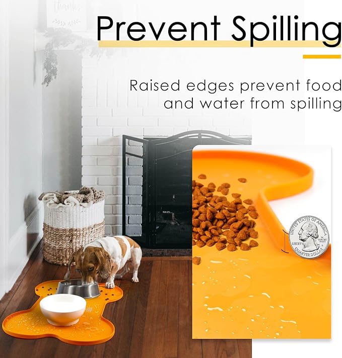 Dog Food Mat Dog Bowl Mat for Food and Water Silicone Non Spill Cat Feeding Mat Puppy Placemat Waterproof - 20.5" x 14.5", Orange